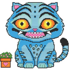 May include: A cross-stitch design of a blue cat with large yellow eyes, sharp teeth, and a pink mouth. The cat has black stripes and a black-tipped tail. A small pot with a heart and flowers is next to the cat.
