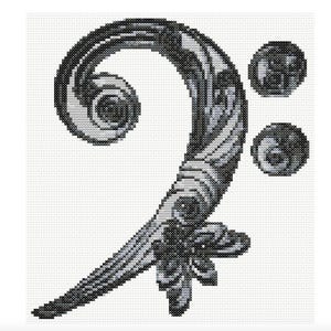 May include: A cross-stitch design of a treble clef in shades of gray and black. The musical symbol is detailed with swirling patterns and decorative elements, set against a white background. Two smaller, circular designs are also present.
