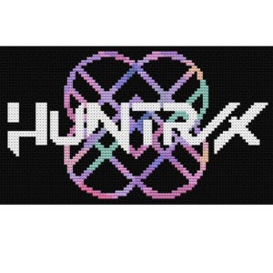 May include: A cross-stitch design on black fabric. The design features the word "HUNTRX" in white, overlaid on a colourful geometric pattern in shades of pink, purple, blue, and green. The overall aesthetic is modern and graphic.