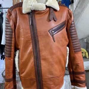 Men’s Brown Shearling Aviator Leather Jacket – B3 Bomber Style Lambskin Coat with Faux Fur Collar & Winter Warm Lining