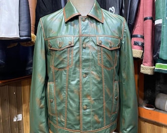 Jaqueta Trucker de Couro de Vaca Verde Envelhecida Feita à Mão - Estilo Vintage Western