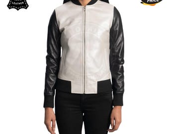 Black and White Leather Bomber Jacket: Genuine Sheepskin Retro Coat