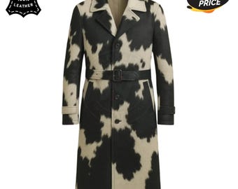 Gabardina de cuero vacuno auténtico para hombre – Chaqueta larga con cinturón y estampado de vaca