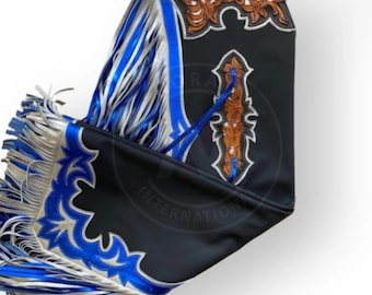 Handmade Tooled Leather Rodeo Chaps Black with White & Blue Fringe