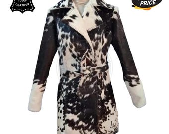 Handmade Hair-On Cowhide Leather Trench Coat – Custom Fit Western Jacket
