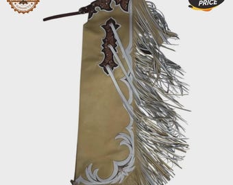 Chaparreras de rodeo de cuero hechas a mano: equipo de monta de toros western beige personalizado