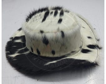 Handmade Black & White Cowhide Cowboy Hat – Western Rodeo Hat, Hair-On Leather, Unisex Rustic Style