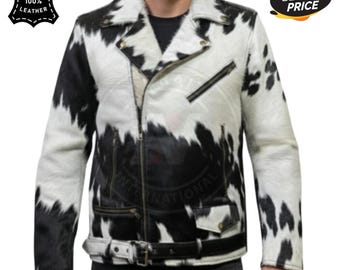 Men's Cowhide Biker Jacket – Black & White Hair-on Hide, Western Rodeo Style