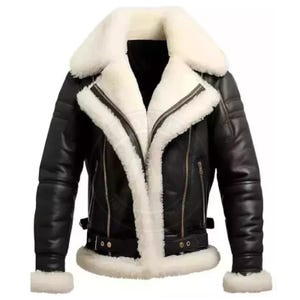 May include: Black leather jacket with a white shearling collar and lining. The jacket features a zip-up front, multiple pockets, and a buckled belt at the waist. The sleeves have shearling cuffs. A classic winter outerwear piece.