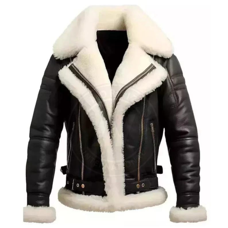 May include: Black leather jacket with a white shearling collar and lining. The jacket features a zip-up front, multiple pockets, and a buckled belt at the waist. The sleeves have shearling cuffs. A classic winter outerwear piece.