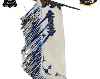 Handmade White Leather Rodeo Chaps | Blue Fringe, Western Gear
