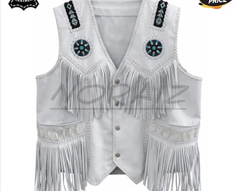 White Cowhide Leather Fringe Vest, Western Beaded American Native Style