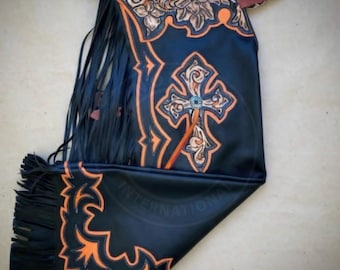 Hand Tooled Leather Rodeo Chaps Western Bull Riding Cowboy Rodeo Gear