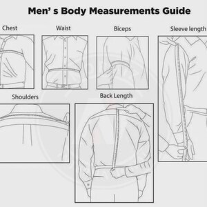 May include: A body measurements guide with illustrations showing how to measure chest, waist, biceps, sleeve length, shoulders, and back length. The text at the top reads "Men's Body Measurements Guide."