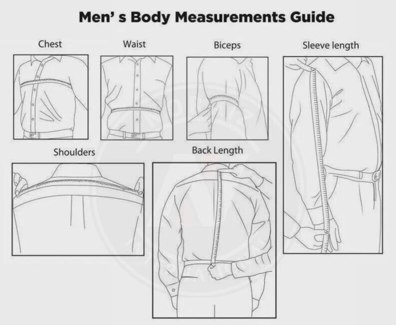 May include: A body measurements guide with illustrations showing how to measure chest, waist, biceps, sleeve length, shoulders, and back length. The text at the top reads "Men's Body Measurements Guide."