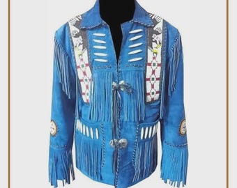 Chaqueta de hombre de ante azul hecha a mano con flecos y detalles de cuentas. Abrigo vaquero estilo western.