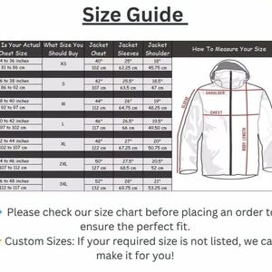May include: Size guide chart with jacket measurements in inches and centimeters. Includes chest, sleeve, and shoulder dimensions for sizes XS to 3XL. A diagram illustrates how to measure for a jacket.