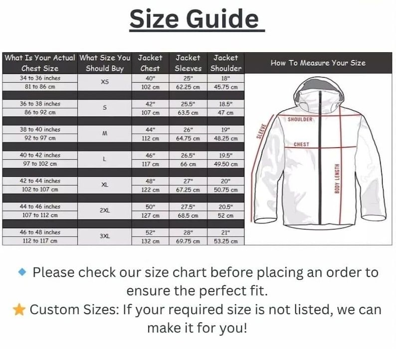 May include: Size guide chart with jacket measurements in inches and centimeters. Includes chest, sleeve, and shoulder dimensions for sizes XS to 3XL. A diagram illustrates how to measure for a jacket.