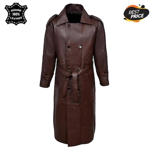 Genuine Leather Trench Coat: Long Double-Breasted Overcoat, Black or Brown