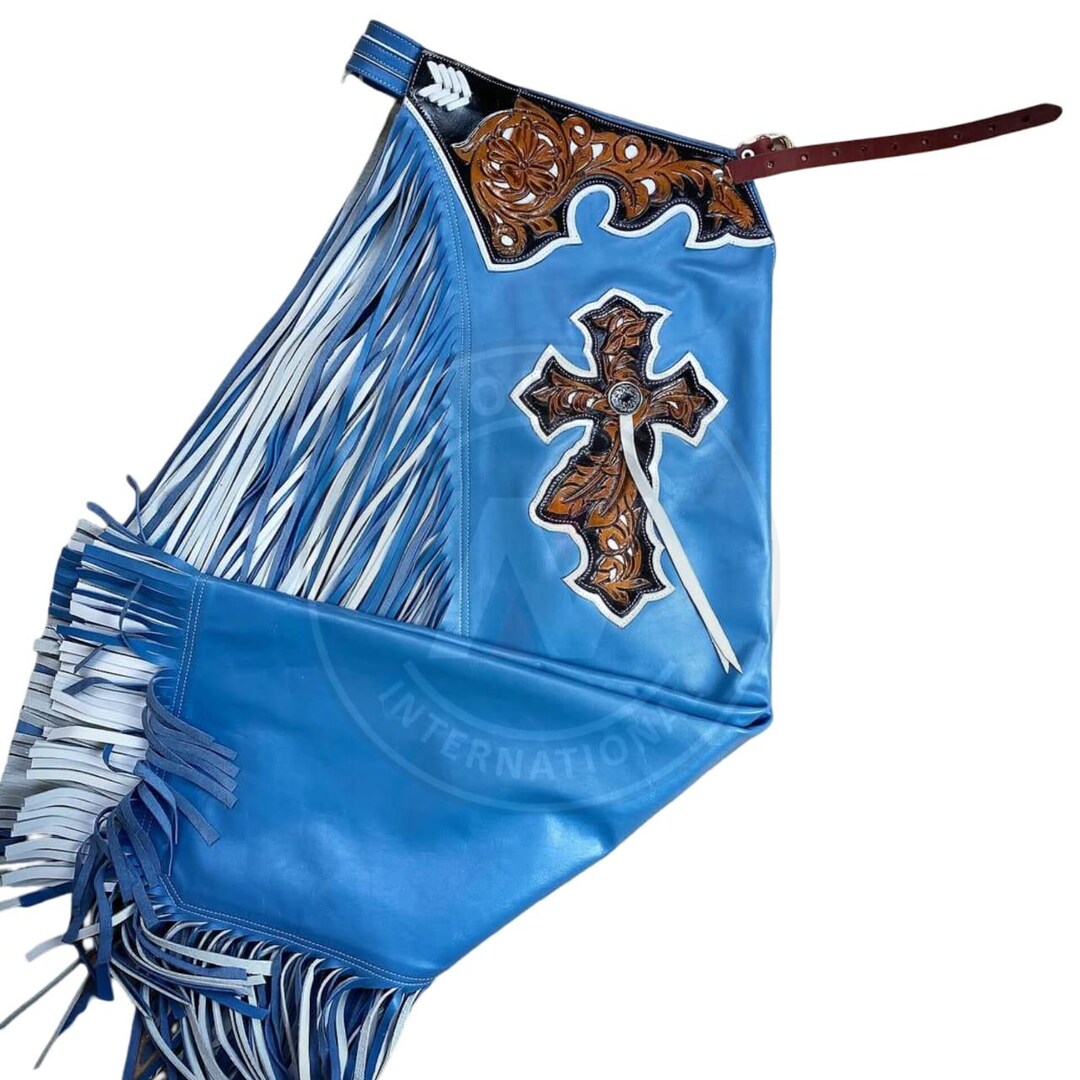 Handmade Sky Blue Leather Rodeo Chaps Hand-tooled Western Bull Riding ...