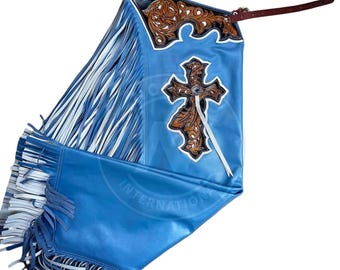Handgemaakte hemelsblauwe leren rodeochaps, met de hand bewerkte westernkleding voor stieren en pony's