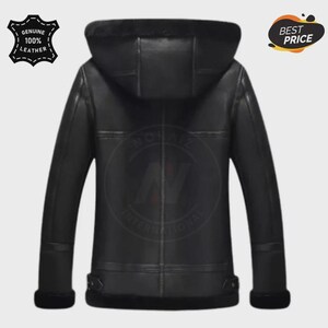 May include: Black leather jacket with a hood and fur lining. The jacket has a zipper closure, two side pockets, and a belt at the waist. The jacket is labeled "Genuine 100% Leather" and "Best Price".