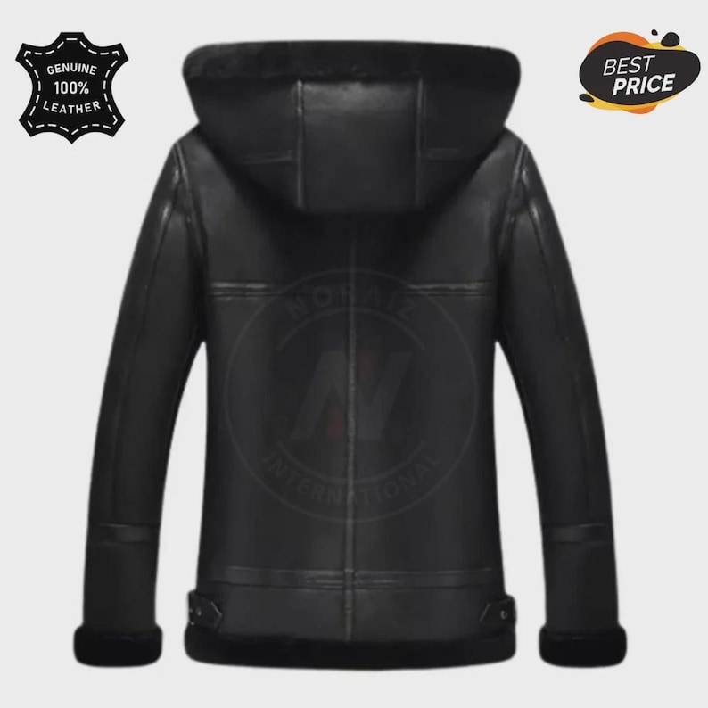 May include: Black leather jacket with a hood and fur lining. The jacket has a zipper closure, two side pockets, and a belt at the waist. The jacket is labeled "Genuine 100% Leather" and "Best Price".