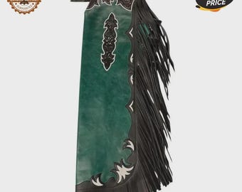 Custom Green Hand-Tooled Leather Rodeo Chaps with Black Fringe Western Bull Riding