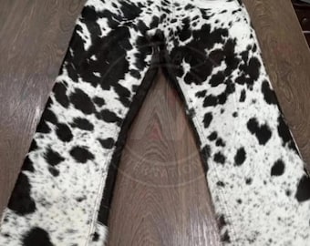 Handmade Natural Hair-On Cowhide Leather Pants – Western Rodeo Cowboy Style Trousers for Men