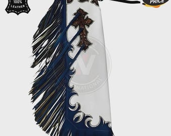 Op maat gemaakte leren rodeochaps met franje | Handgemaakte westernkleding voor stieren