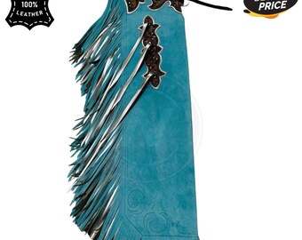 Hand punziert Türkis Wildleder Rodeo Chaps mit Silber Fransen - Custom Western Cowboy Show Zahnrad
