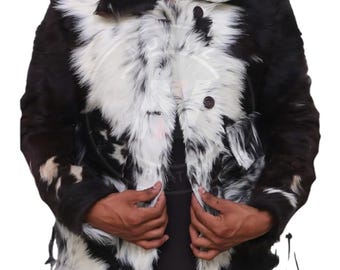 Handmade Natural Hair On  Cowhide Jacket – Genuine  Leather Western Coat, Black White Button Closure