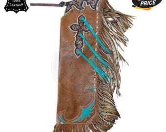 Handmade Leather Rodeo Chaps – Turquoise Fringe, Tooled Western Gear