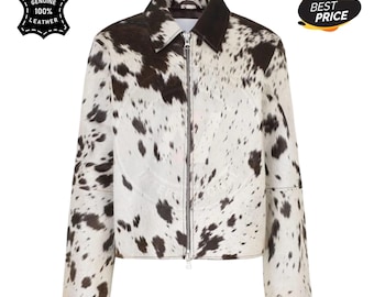 Women’s Cowhide Leather Jacket White Brown | Genuine Hair On Hide Western Zip Coat Handmade