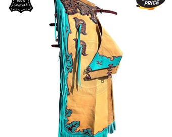 Handmade Western Leather Chaps Cowboy Rodeo Fringe Tan Turquoise Custom Style