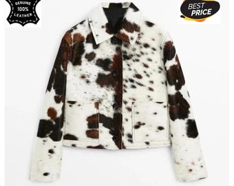 Chaqueta de cuero de vaca con pelo natural para hombre, color marrón y blanco, estilo western.