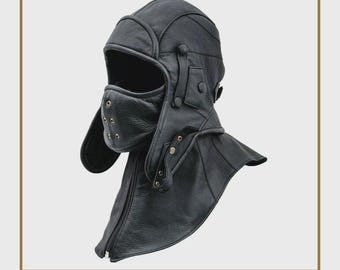 Handmade Leather Aviator Cap Vintage Pilot Bomber Hood with Face Cover