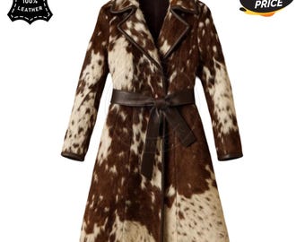 Handmade Hair-On Cowhide Leather Trench Coat – Western Style