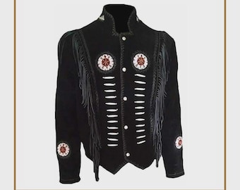 May include: Black leather jacket with fringe and decorative beading. The jacket has a high collar, button closure, and white bead accents. The text "NEW ARRIVAL" is at the top. The jacket is labeled "Hand Made" and "100% Leather".