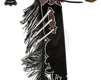 Hand Tooled Black Leather Rodeo Chaps with Fringe Custom Handmade Cowboy Bull Riding Gear