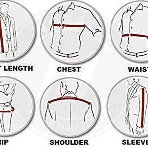 May include: Diagrams illustrating how to measure for a suit. The images show how to measure front length, chest, waist, hip, shoulder, and sleeves. Each measurement is indicated with a red line on a line drawing of a person.