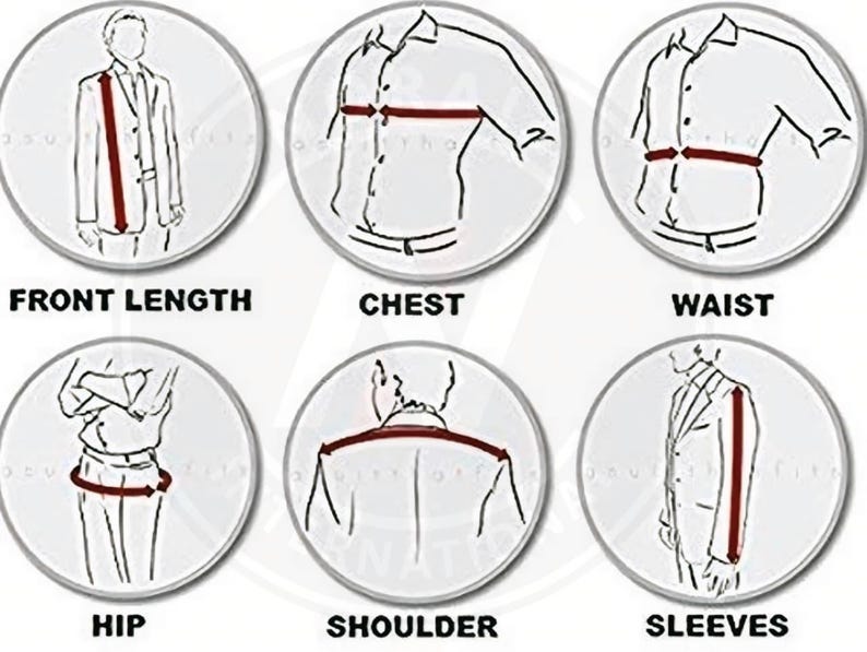 May include: Diagrams illustrating how to measure for a suit. The images show how to measure front length, chest, waist, hip, shoulder, and sleeves. Each measurement is indicated with a red line on a line drawing of a person.