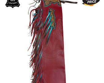 Hand Tooled Red Leather Rodeo Chaps & Turquoise Fringe Western Bull Riding Gear