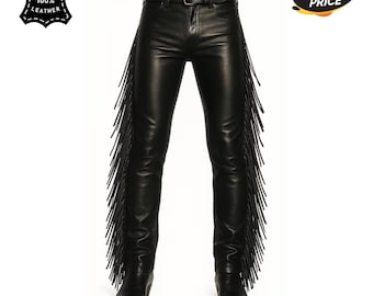 Men’s Black Cowhide Leather Fringe Pants – Western Biker Style