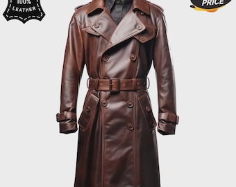 メンズ ブラウンレザートレンチコート、ダブルブレスト ベルト付き
