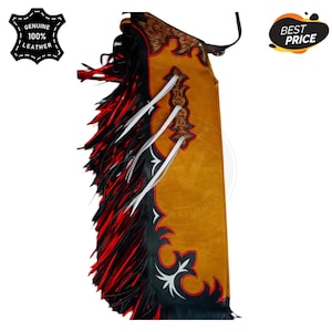 Custom Leather Rodeo Chaps | Orange Western Cowboy Chaps with Red Fringe | Hand Tooled Cross Design Bull Riding Gear image 1