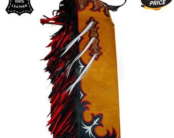 Custom Leather Rodeo Chaps | Orange Western Cowboy Chaps with Red Fringe | Hand Tooled Cross Design Bull Riding Gear