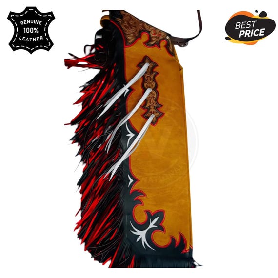 Custom Leather Rodeo Chaps | Orange Western Cowboy Chaps with Red Fringe | Hand Tooled Cross Design Bull Riding Gear