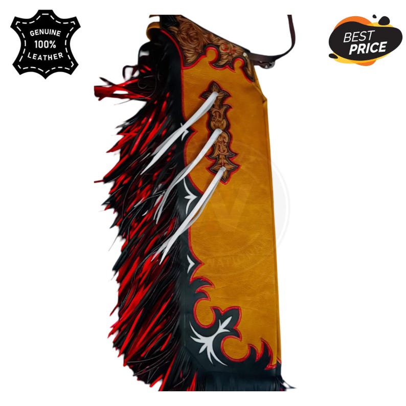 Custom Leather Rodeo Chaps | Orange Western Cowboy Chaps with Red Fringe | Hand Tooled Cross Design Bull Riding Gear image 1
