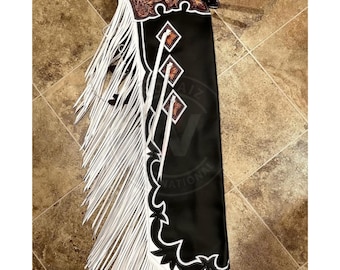 Custom Handmade Black Western Leather Rodeo Chaps Hand Tooled Cowboy Bull Riding Gear